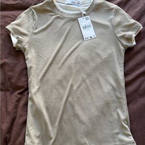 Mango Beige Ribbed Short Sleeve Tee with White Trim